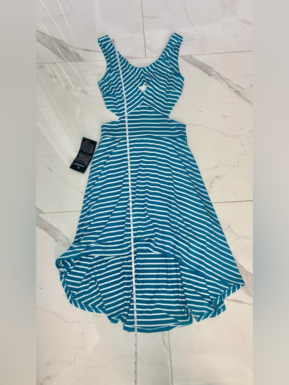 bebe Teal and White Striped High-Low Cutout Dress open back NWT - Picture 13 of 14